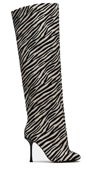 Womens Zebra Print Pointed-Toe Stiletto Heel Knee-High Boots