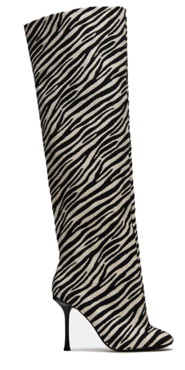 Womens Zebra Print Pointed-Toe Stiletto Heel Knee-High Boots