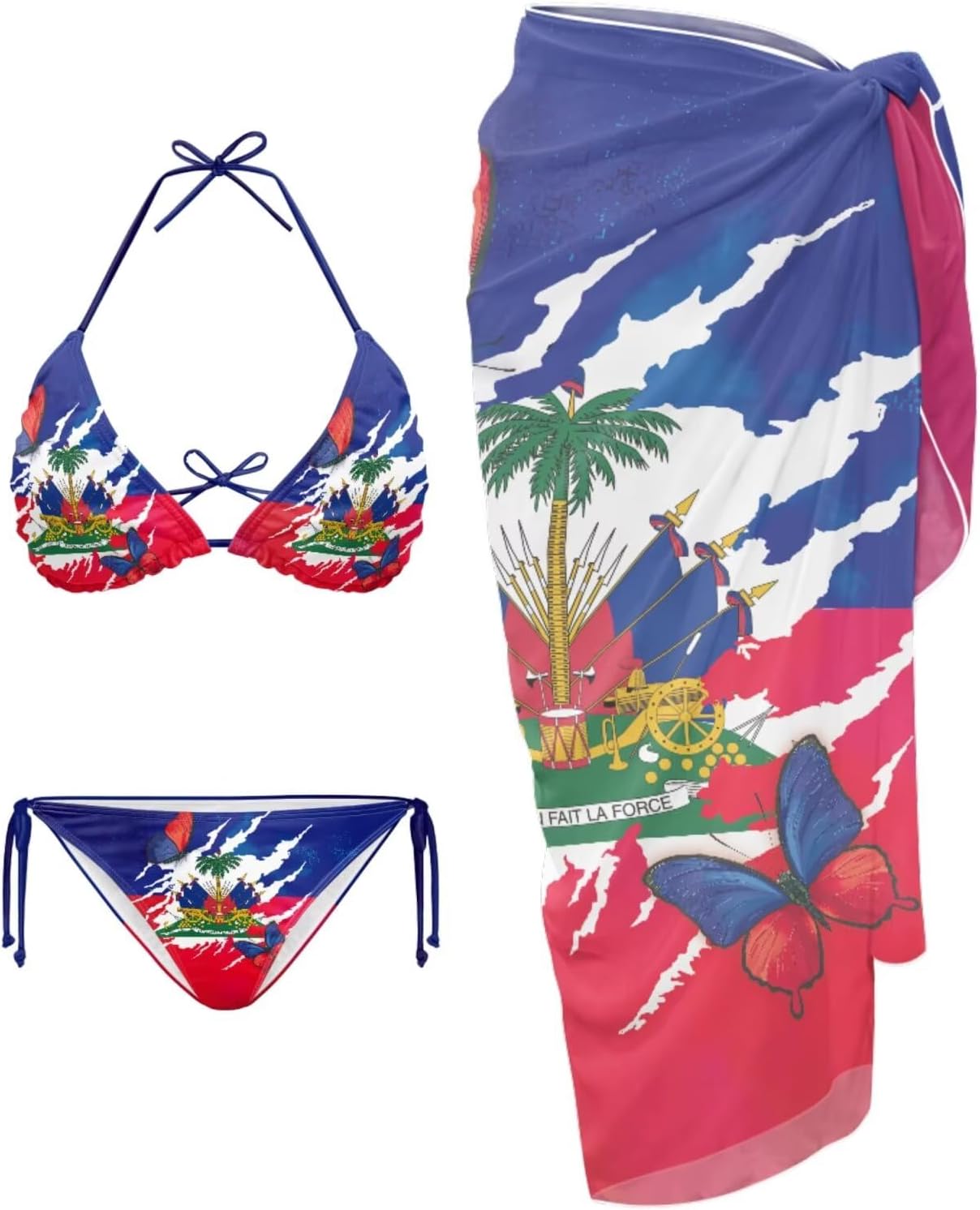 Xpyiqun Flag Bikini Sets for Women 3 Piece Swimsuits with Cover Up Skirt Sexy Halter String Bathing Suit Beach Swimwear