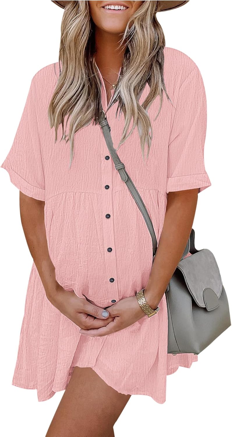 AUSELILY Women's Summer Babydoll Dress Casual Short Sleeve Sundress Button Down Dresses with Pockets