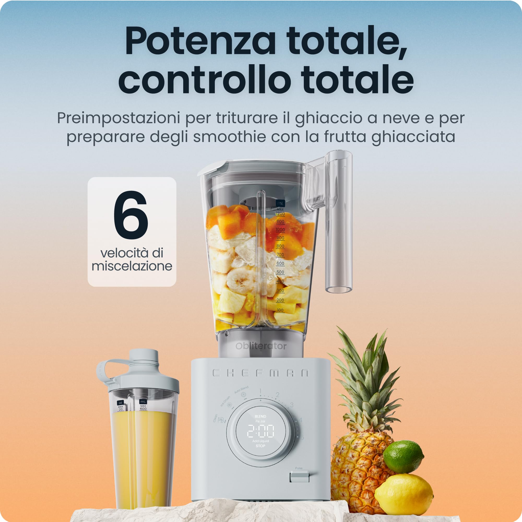 Chefman Obliterator 1.2L 1350W Frullatore Smoothie, Trita Ghiaccio, Noci e Frutta Congelata, Lama in Acciaio Inox, Funzione Auto Mix, Con Barattolo da Viaggio da 600ml – Grigio Cemento