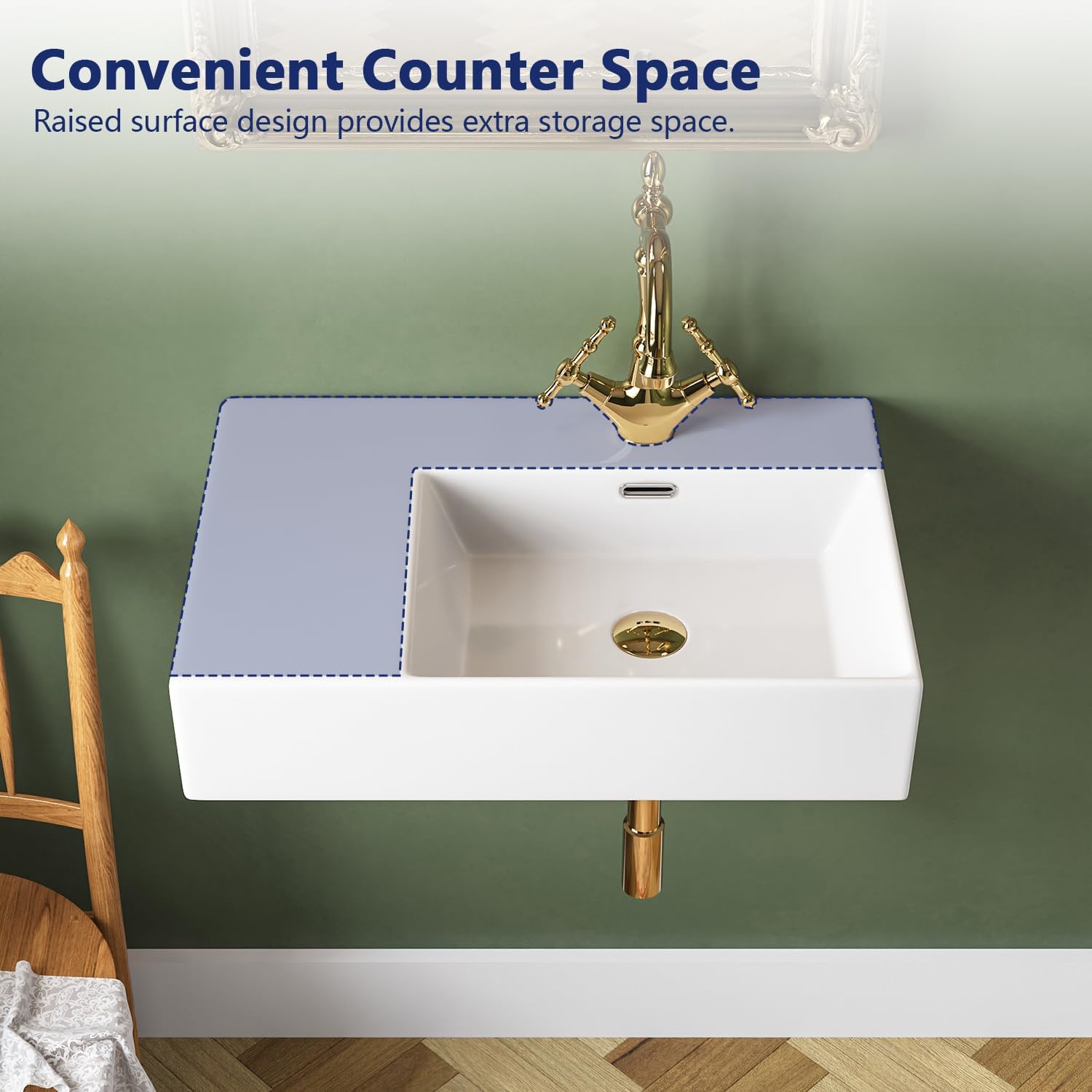 DeerValley DV-1WS0126R Wall Mount Sink, 23"x16" Rectangular Bathroom Sink, White Ceramic Wall Hung with Right Side Faucet Hole
