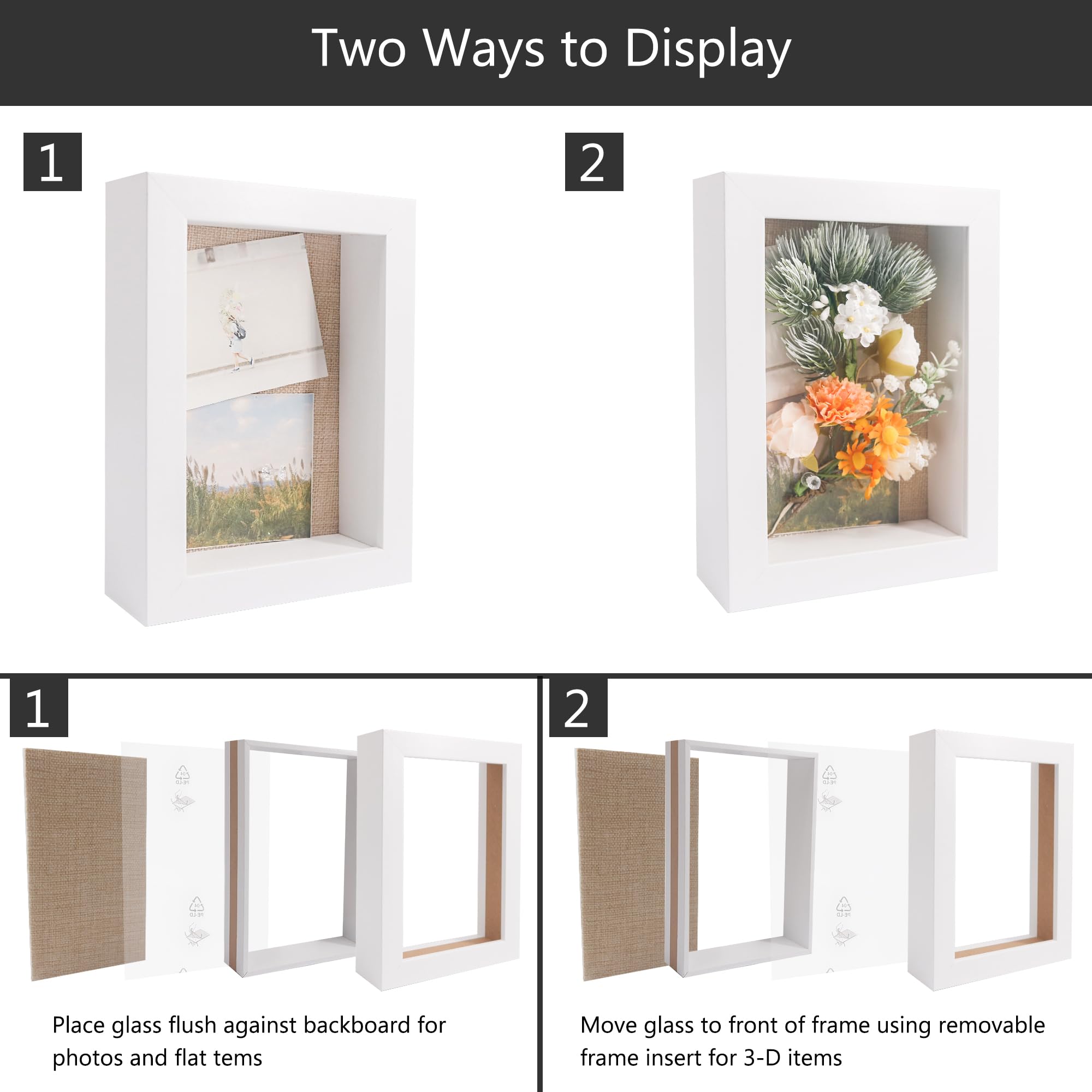 GraduatePro Shadow Box Frame 6x8 Display Case White with Linen Background and 6 Stick Pins Memorabilia Awards Medals Photos Memory Box - Image 3