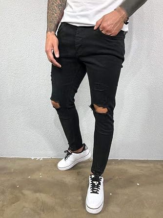 Ylingjun Mens Stretch Skinny Ripped Distressed Jeans
