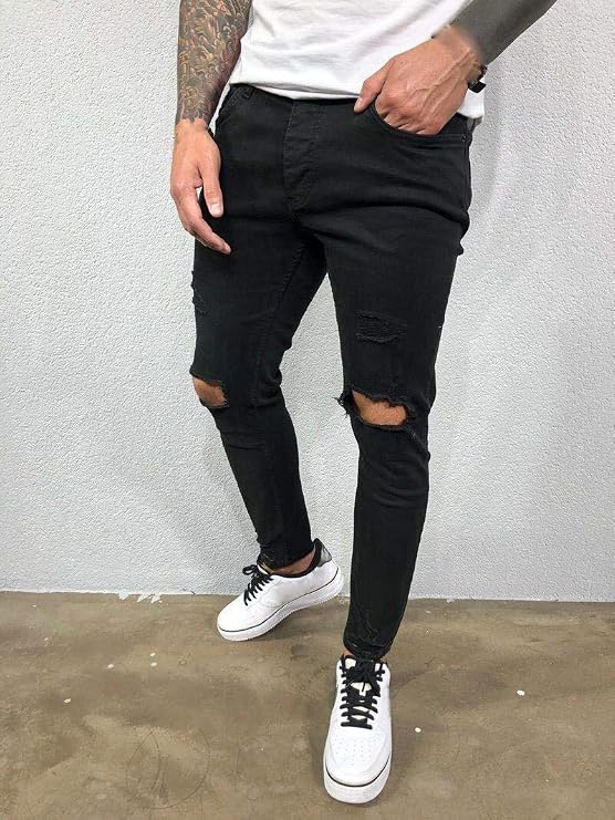 Ylingjun Mens Stretch Skinny Ripped Distressed Jeans