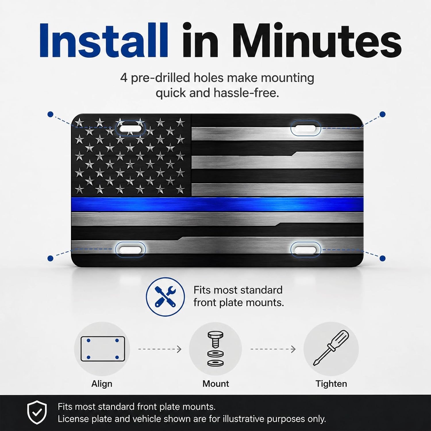 Thin Blue Line Flag Decorative License Plate, 6 x 12 Aluminum | A respectful blue-line wall accent for garages, offices, cabins, RVs, workshops, and appreciation display spaces.