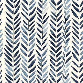 Blue and White Boho Wallpaper Peel and Stick 17.3"x197" Herringbone Vintage Floral Removable Renter Friendly Wallpaper for Bedroom Walls Self Adhesive Contact Paper for Cabinet Drawer B4-5