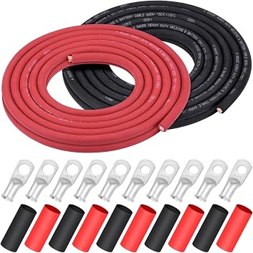 iGreely 4 Gauge Wire,4 AWG Flexible Pure Copper Welding Battery Cable for Automotive Solar Motor, 5pcs of 5/16""& 5pcs 3/8"" Copper Lug Terminal Connector+Heat Shrink Tubing 20 Ft Black + 20 Ft Red