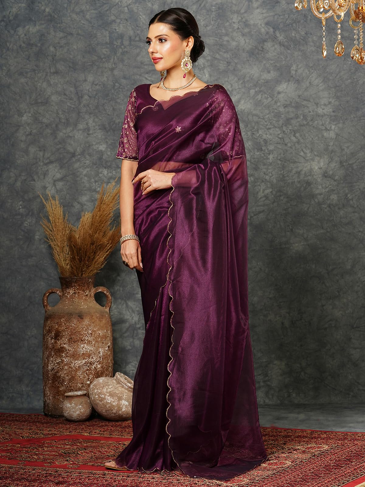 Satrani Women's Shimmer Net Embroidery And Scalloped Border Saree With Unstitched Blouse Piece (3899S442N_Wine)
