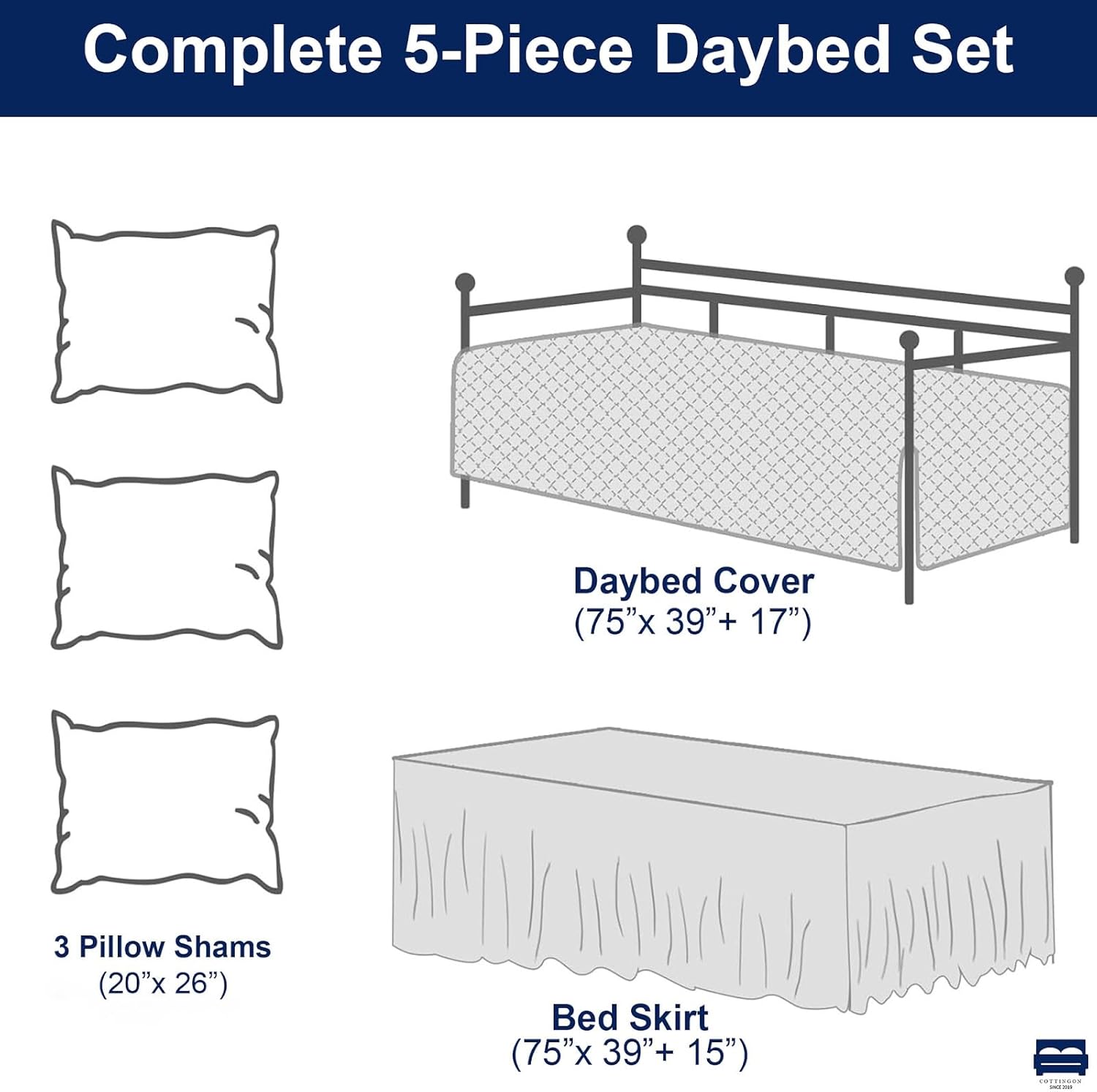 Cottingon 5 Piece Quilted Daybed Set, Twin Size All Season Cozy Daybed Cover with Bed Skirt and 3 Pillow Shams, Diamond Stitch Microfiber Bedding, 75 x 39 Inches, Chocolate