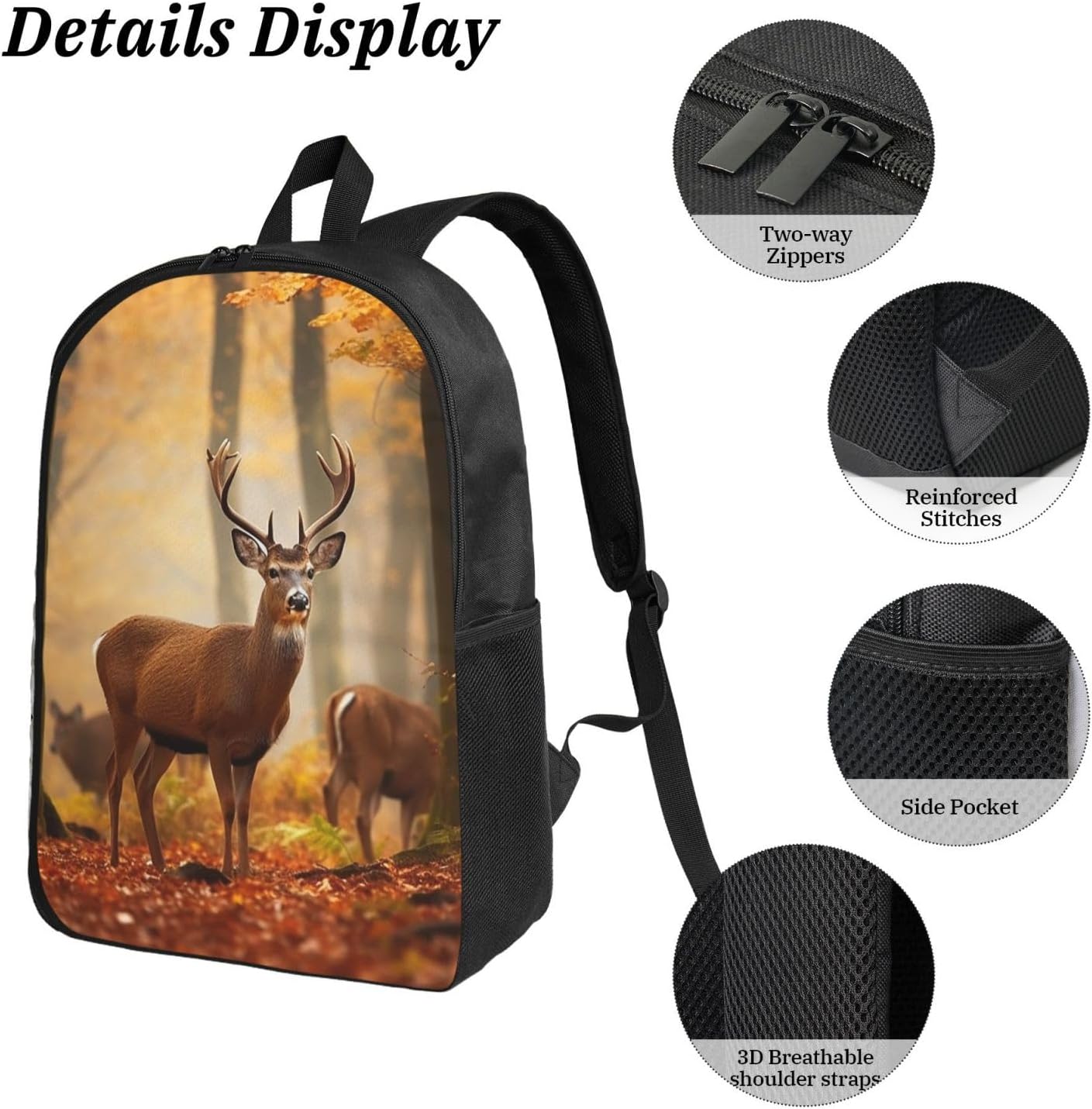 White Tail Deer Backpack Set 3 PCS - 17 Inch Laptop Backpack with Lunch Bag, Waterproof Daypack Insulated Lunch Box Large Capacity Coin Pouch Personalized Gift image 5