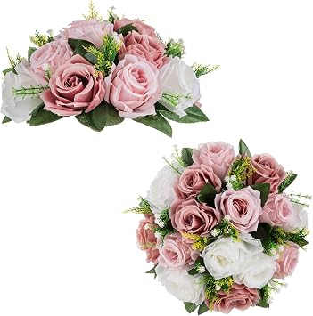 BLOSMON Dusty Rose Flowers Decoration 2 Pcs Pink Artificial Flowers Balls for Wedding Dinning Table Centerpieces - Fake Silk Kissing Floral Arrangement for Home Party Event