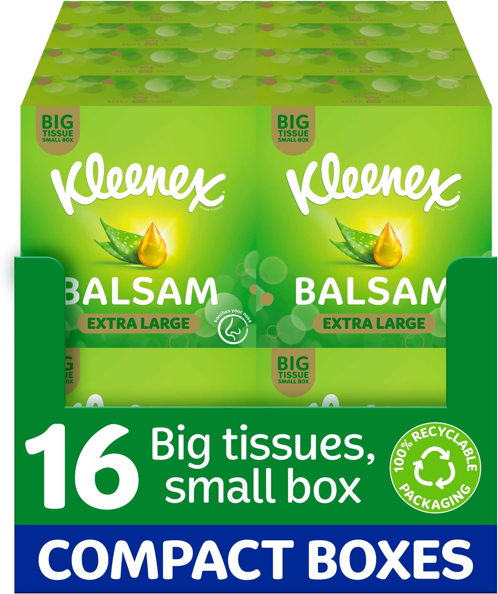 Balsam Extra Large Tissues in 16 Compact Boxes - Protect and Soothe Your Nose When You've Got a Cold - BalmCare with Aloe Vera, Vitamin E and Calendula, 640 Tissues (16 Boxes)