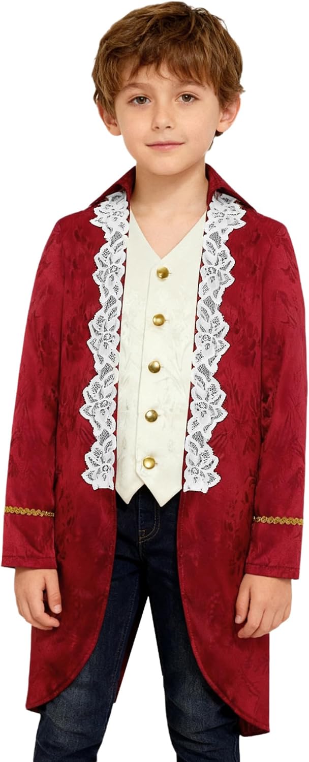 Kids Boys Steampunk Tailcoat Victorian Era Long Sleeve Turn Down Collar Fake 2-in-1 Lace Embroidery Jacket