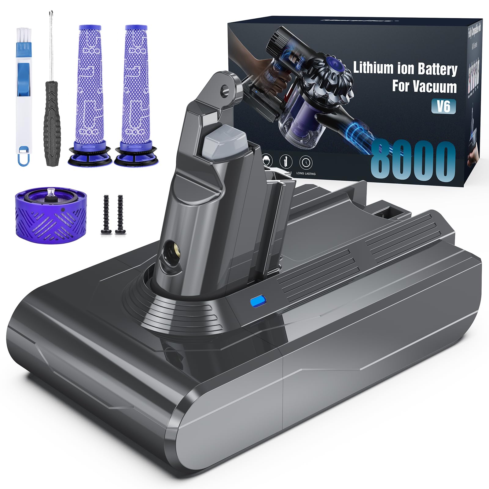 Morpilot Batteria per Dyson V6, 21.6V 8000mAh, Li-Ion, Compatibile con Dyson Serie V6 DC58/DC59/DC61/DC62/DC72/DC74, con 2 Filtri Lavabili