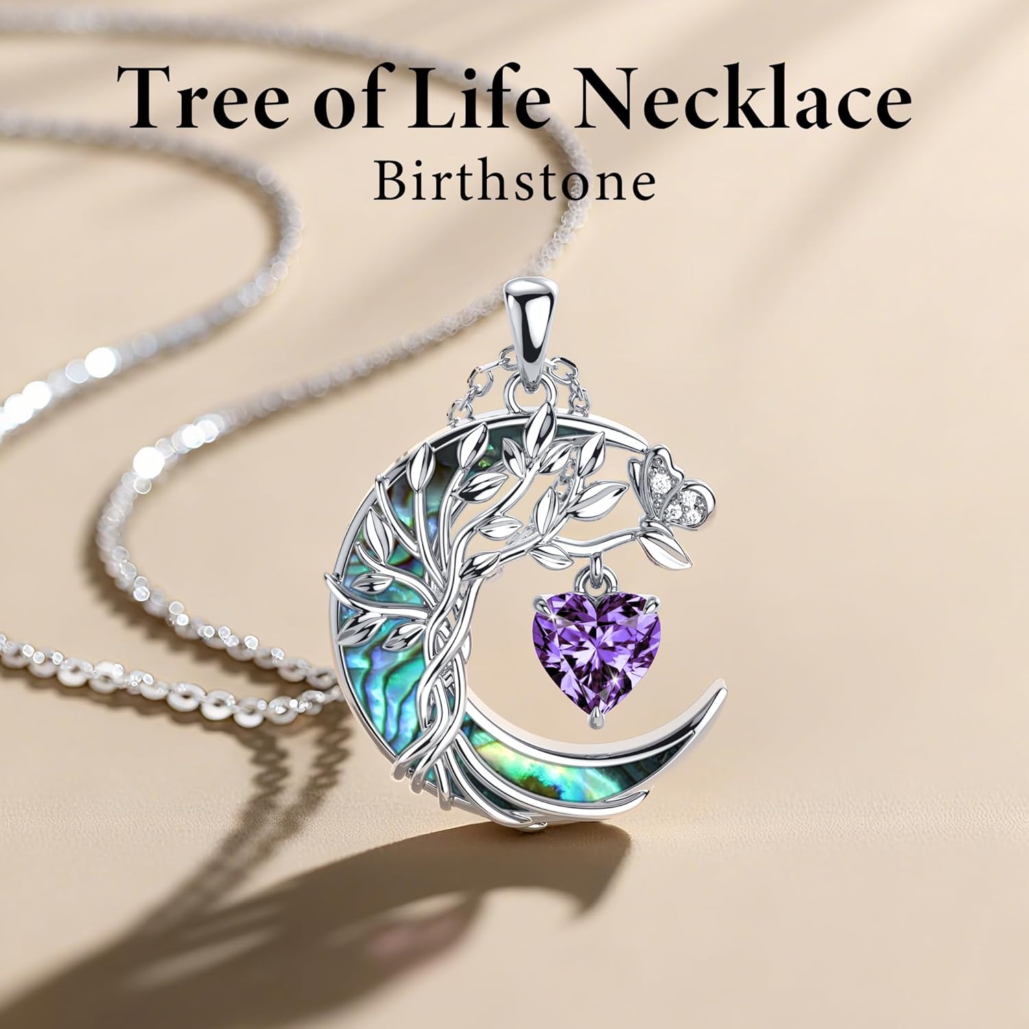 Distance Tree of Life Birthstone Necklace for Women, S925 Sterling Silver Premium Abalone Shell Moon Pendant, Heart Birthstone Necklace Christmas Anniversary Jewelry Birthday Gifts for Her Mom Wife - Image 4