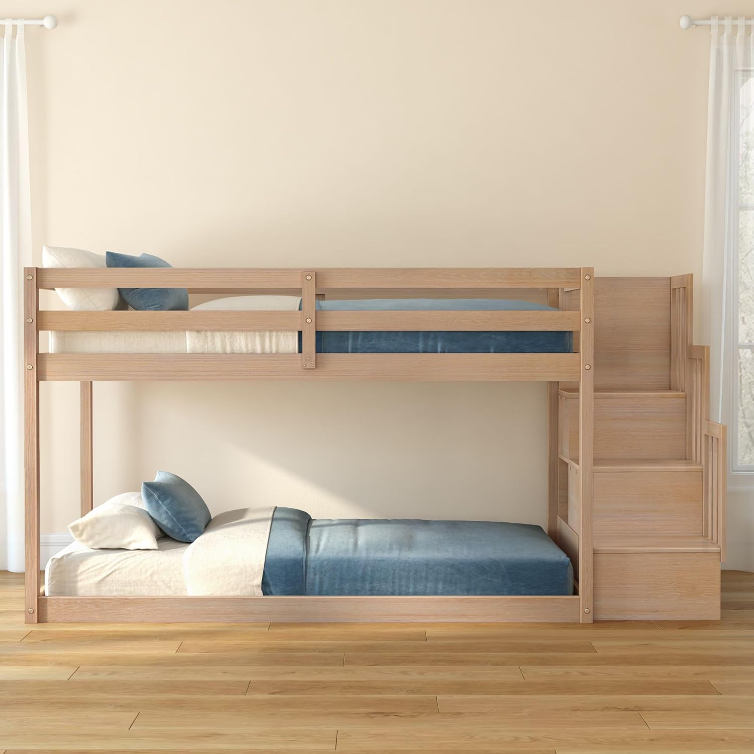 Grain & Grove Bear Twin Over Twin Bunk Bed with Staircase, Low Bunk Bed Frame for Kids, Bunk with Ladder, Guardrail, and Slats, No Box Spring Required, Oak Embossed Natural