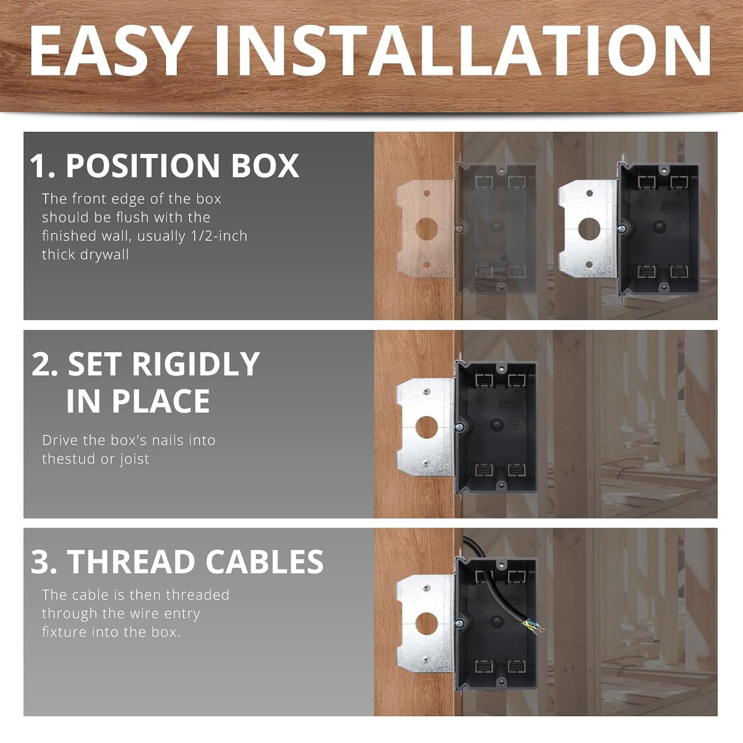 HXH 6PCS 1 Gang Interior Wall Electrical Box, 21 Cubic Inch Plastic Single-Gang Electrical Box with Adjustable Cover, AWG Standard, Grey, for Buildings and Houses