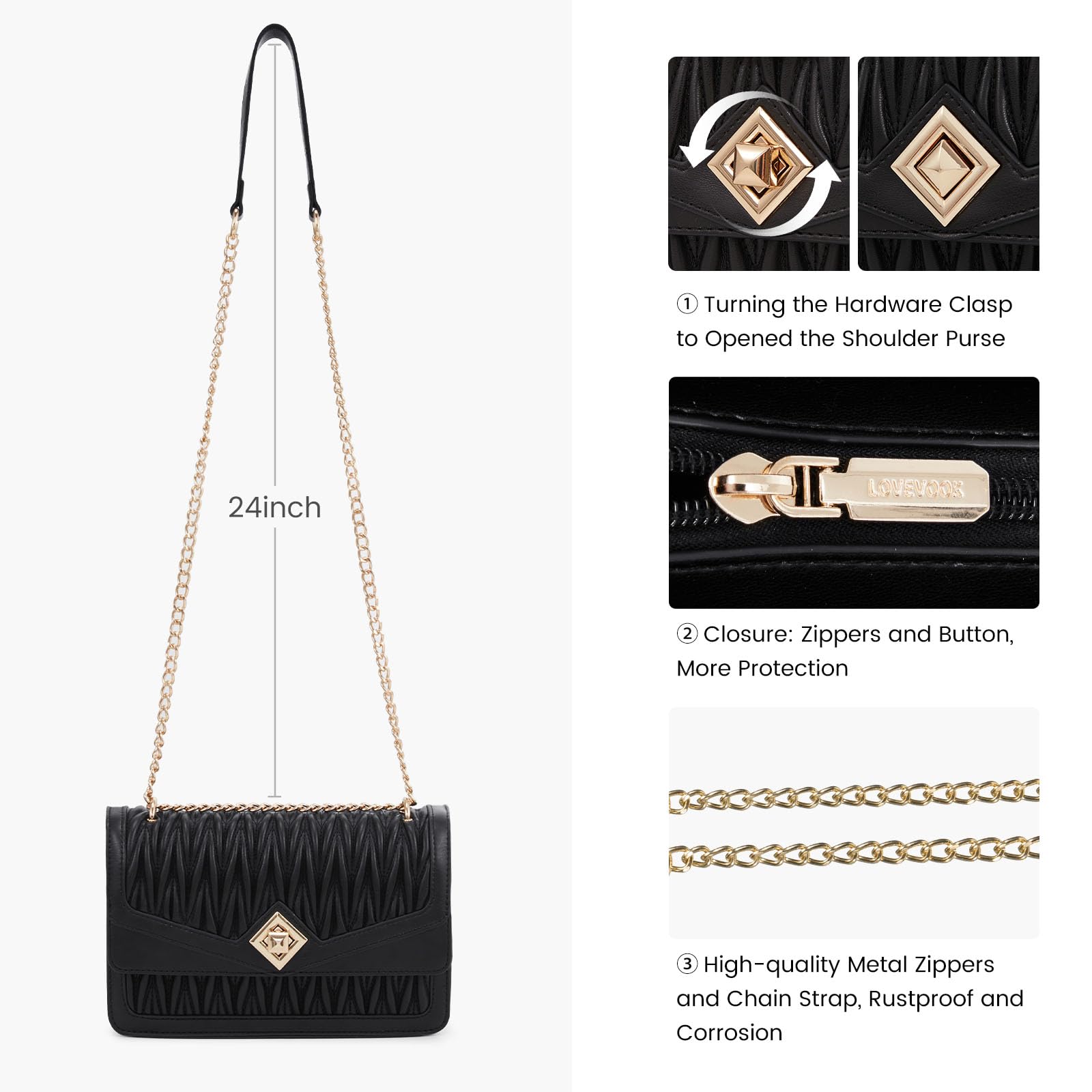 LOVEVOOK Crossbody Bags for Women Leather Quilted Shoulder Bag with Chain Strap Trendy Clutch Satchel Ladies Evening Bag