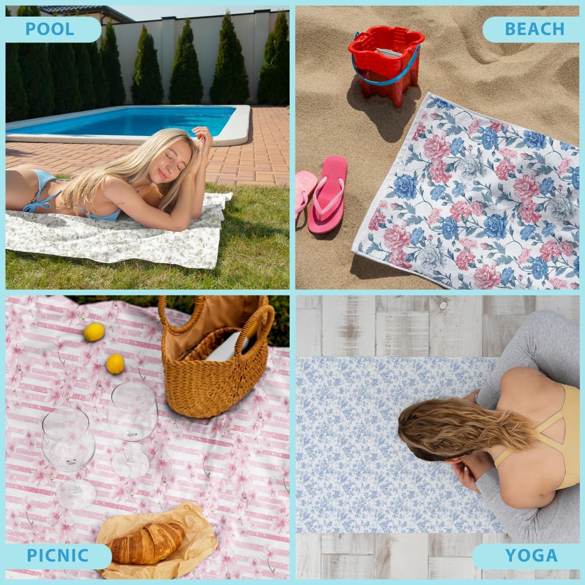 4 Pcs Microfiber Beach Towel Sand Free Quick Dry Oversized Vintage Floral Carnation Print Soft Absorbent Botanical Style Pink Blue White Towels for Pool Travel Swimming Yoga 71 x 32 Inches