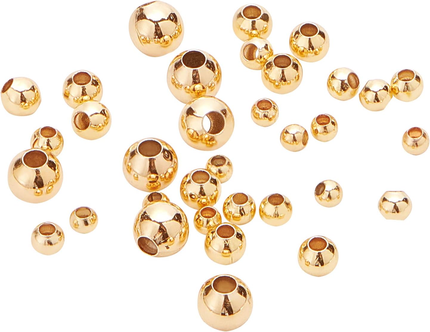 BENECREAT 200Pcs 18K Gold Plated Brass Beads Round Spacer Beads with 4 Mixed Sizes(0.5-1.5mm Hole) for Necklaces, Bracelets and Jewelry Making