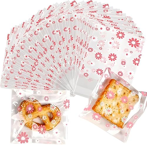 100 bolsas de galletas de margaritas blancas y rosadas, bolsas de dulces autosellantes para golosinas, galletas, postres, bonitas bolsas de celofán