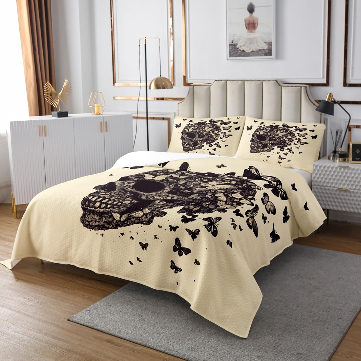 Castle Fairy Skeleton Butterfly Coverlet Set Queen Size Bohemia Moth Animal Bedspread Fashion Room Decor Horror Style Sugar Skull Quilted for Teens Gift Bedding with 2 Pillowcases