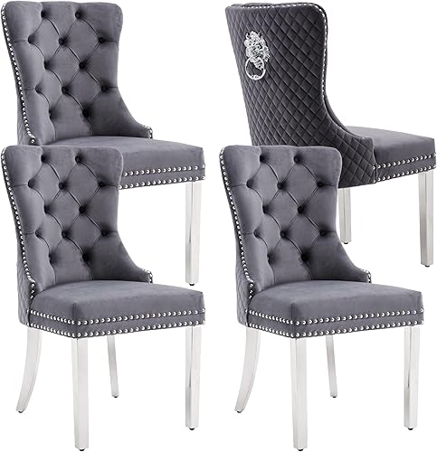 Miniatura 21 de KCC Juego de 2 sillas de comedor tapizadas de terciopelo, modernas sillas capitoné con botones con anillo de cabeza de león y patas de acero Patas