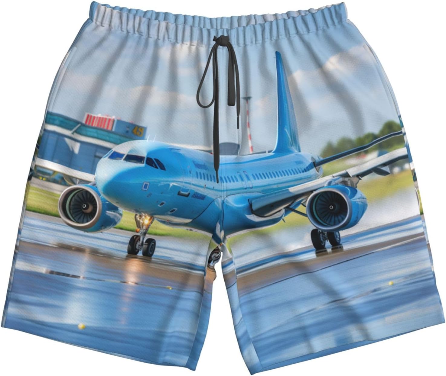 Flying Airplane Print Mens Casual Shorts Drawstring Summer Beach Stretch Shorts Novelty Swimtrunks White