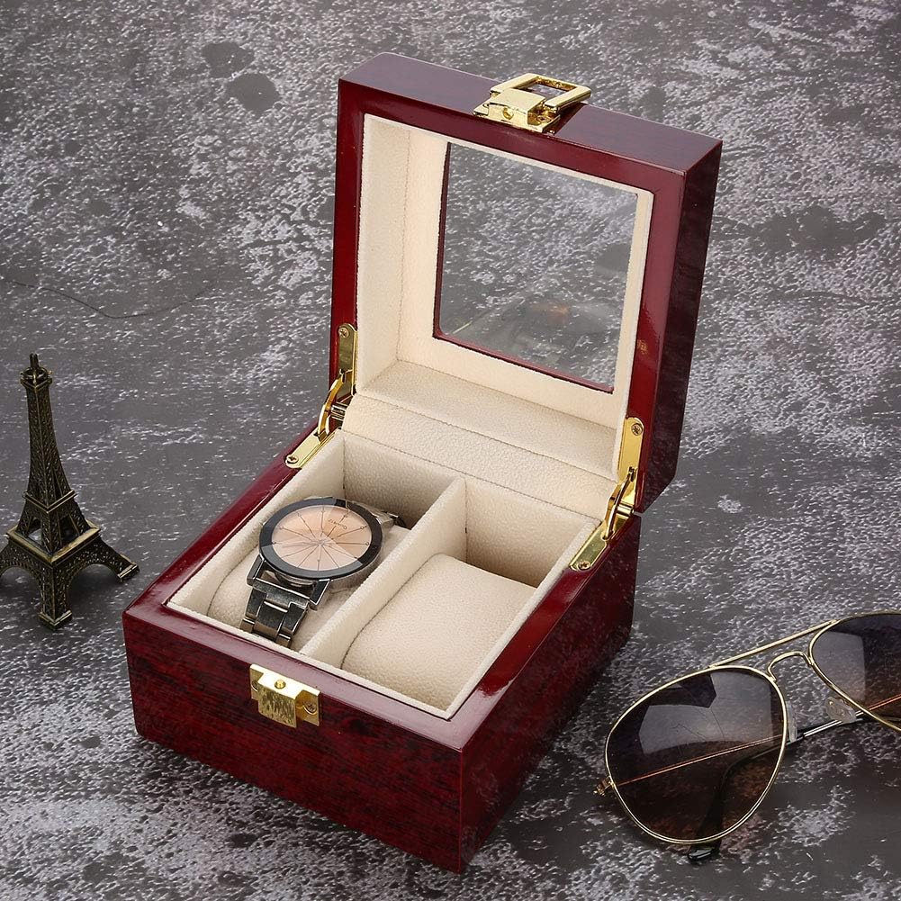 2 Grids Watch Box Watch Box, Mens Wrist Watch Storage Case with Metal Lock and Soft Pillows for Jewelry Watches Collection Display, Piano Baking Finish and Transparent Cover