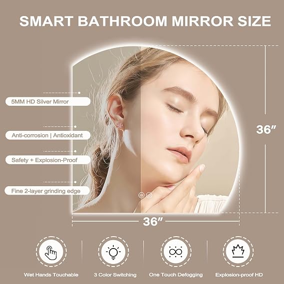 Led Bathroom Mirror with Lights, 3636 Smart Backlit Vanity Mirrors with Anti-Fog, Large Irregular Modern Lighted Bathroom Mirror for Wall,Dimmable, 3 Colors Light, Shatterproof