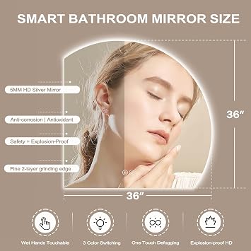 Led Bathroom Mirror with Lights, 3636 Smart Backlit Vanity Mirrors with Anti-Fog, Large Irregular Modern Lighted Bathroom Mirror for Wall,Dimmable, 3 Colors Light, Shatterproof