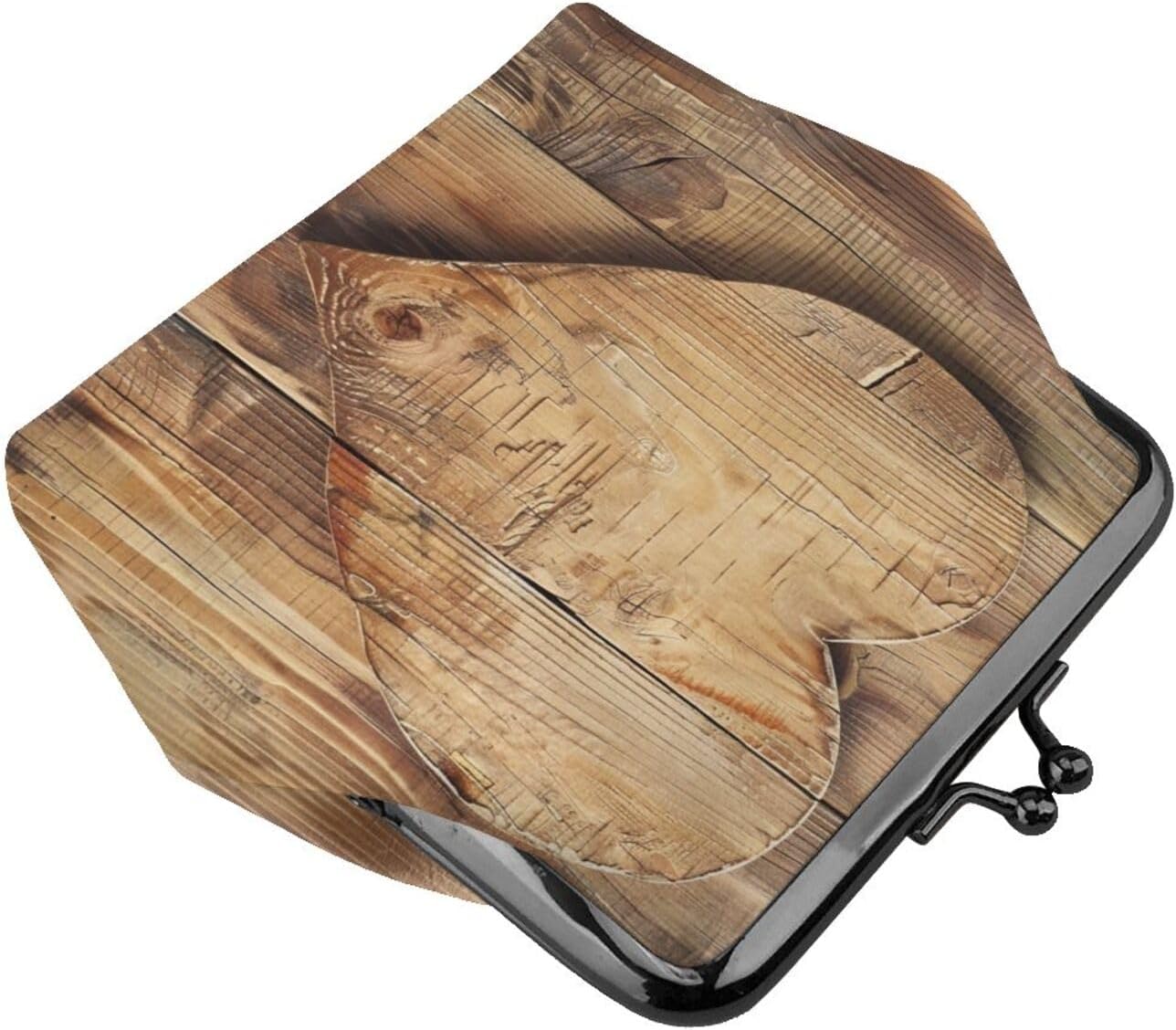 Wood Heart Printed Coin Purse for Women Cute PU Leather Coin Wallet Mini Coin Purse Pouch with Kiss-Lock