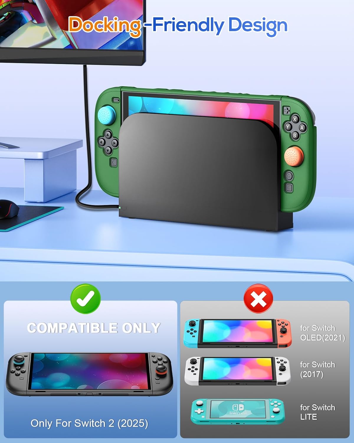 FYOUNG Upgrade Switch 2 Protective Case&Screen Protector Set, Dockable Cute Cover Hard Shell Skin for Nintendo Switch 2 Console Accessories,Travel-Friendly,Kickstand Cutout(Green,for Switch 2 7.9inch)