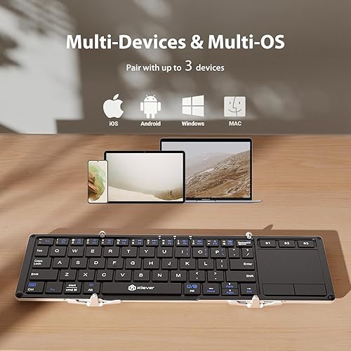 Vista 26 de iClever Teclado inalámbrico plegable en 3 de tamaño compacto de bolsillo (versión inglés) con touch pad sensible (sincroniza hasta 3 dispositivos)