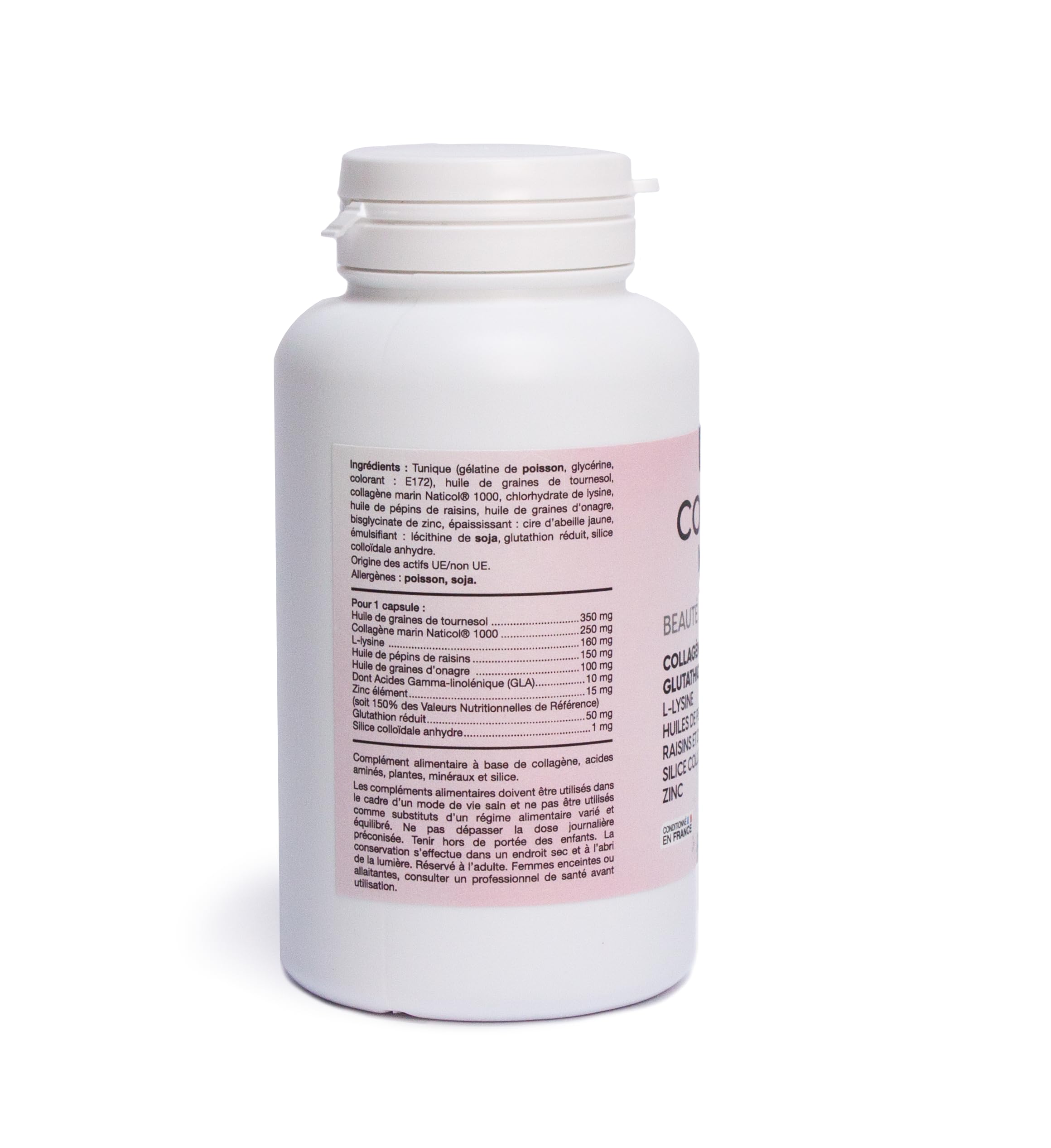 Collagène Marin - Beauté de la Peau - 90 Capsules | Glutathion, L-Lysine, Huiles de Pépins de Raisin et d’Onagre, Silice Colloïdale, Zinc | Nat&Form