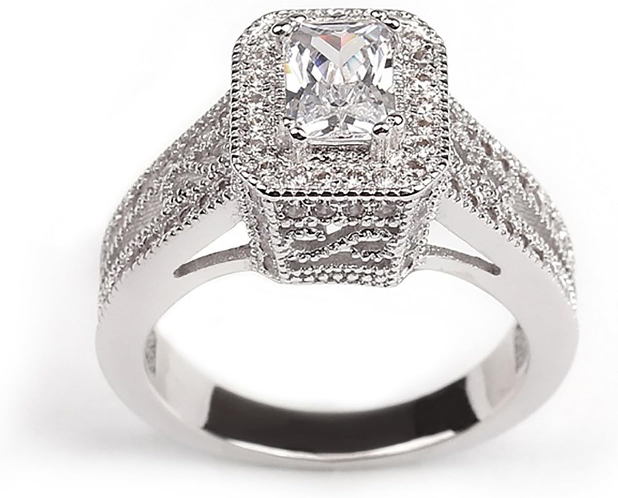 Desiree Engagement Ring for Women by Ginger Lyne | White Gold Plated Radiant Cut Halo Cubic Zirconia Premise or Statement Ring for Wife or Girlfriend