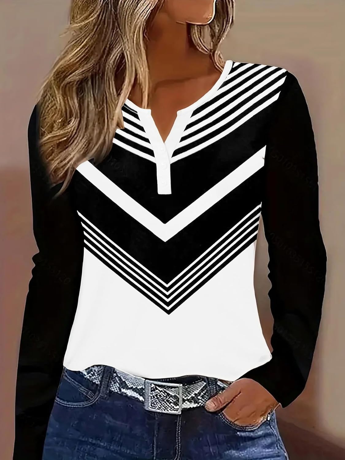 Womens Long Sleeve V Neck Tops Striped Contrast Color T Shirts Casual Work Fashion Tunics Blouses Tee