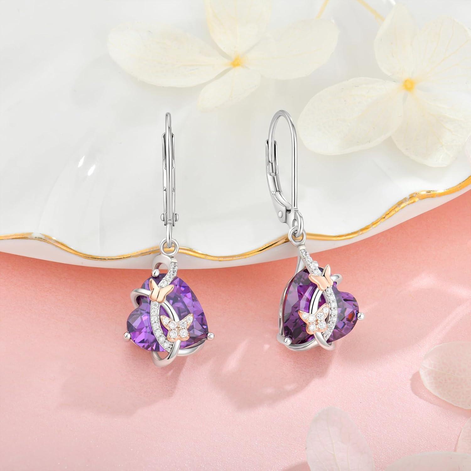 Women's Butterfly Birthstone Dangle Earrings 925 Sterling Silver 5A Cubic Zirconia Leverback Earrings Jewelry for Valentine Mother's Day Birthday Gifts for Her - Image 2