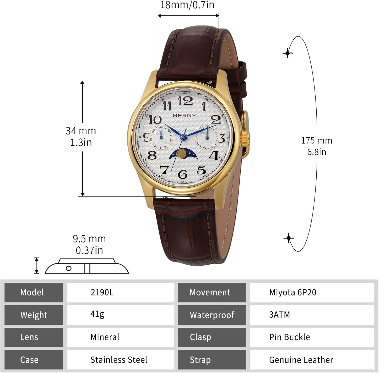BERNY Gold Watch for Women Moon Phase Watches Ladies Quartz Wristwatch Easy Read Arabic Numerals Dial Multi-Function Analog Watches Stainless Steel Case Sub-dail with Date Day Calendar - Image 5