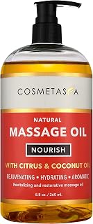 Natural Nourishing Citrus & Coconut Massage Oil- Smooth Glide, Non Greasy Therapeutic Massage Oils with Rejuvenating, Hydrating & Aromatic Essential Oils for Dry Skin, Soothes Muscle & Joints 8.8 oz