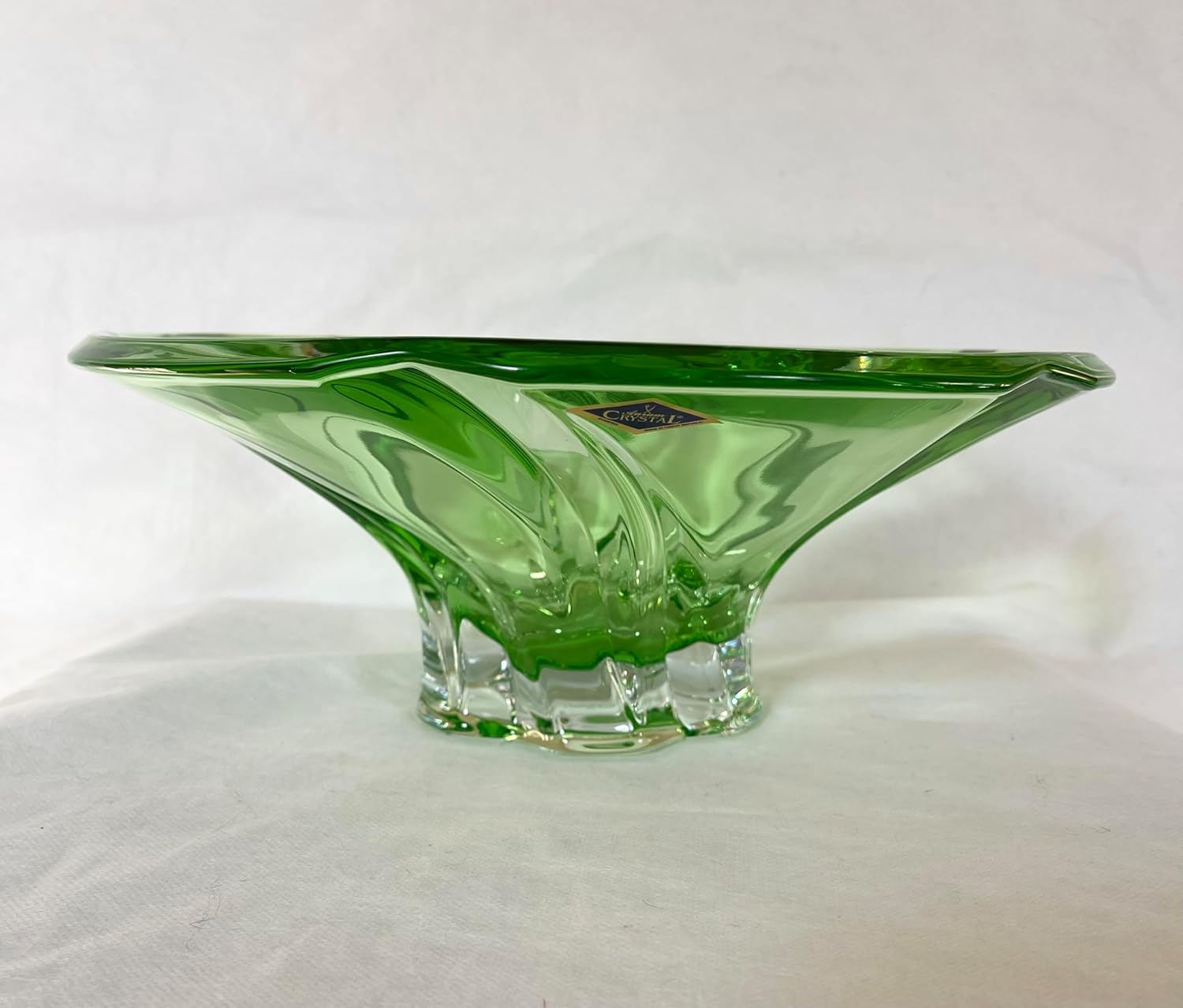 Czech Bohemian Crystal Glass Bowl-Vase 12''-Dia Green Vintage European Design Elegant Centerpiece Dish