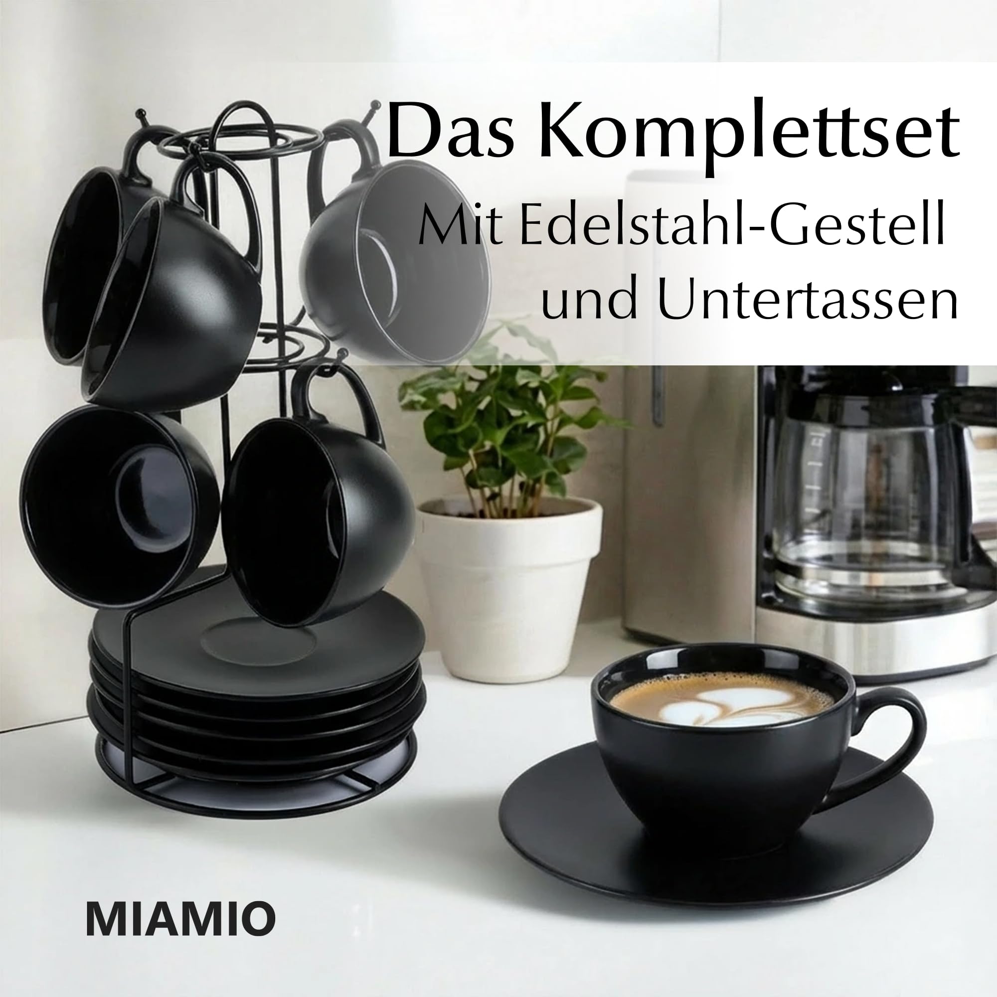 MIAMIO - 6 x 175 ml Tasse Cappuccino Tassen mit Unterteller & Ständer/Cappuccinotassen Set - Le Papillon Kollektion (Schwarz)