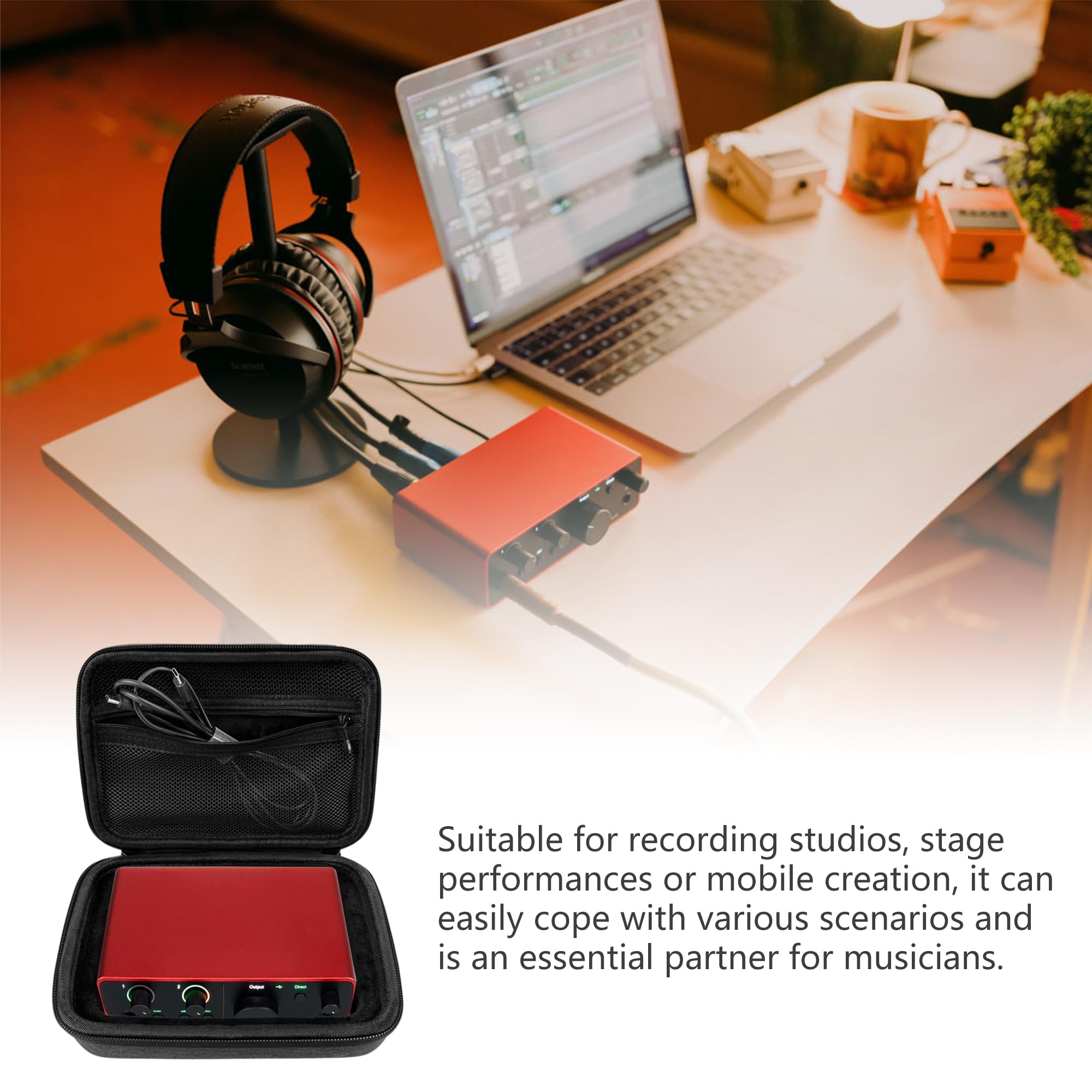 Musiin Custodia rigida per interfaccia audio compatibile con Focusrite Scarlett Solo 4a generazione, borsa portatile in EVA con fodera morbida, tasca in rete, doppia cerniera e manico in silicone per