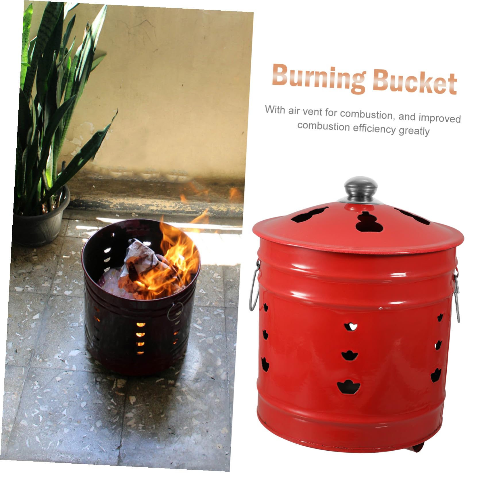 Cubo para Quemar Papel de Esmalte Rojo Duradero para Incineración | Ventilación para Mejor Combustión, Uso en Jardín y Hogar, Ayuda a Mantener Orden Estilo Aleatorio