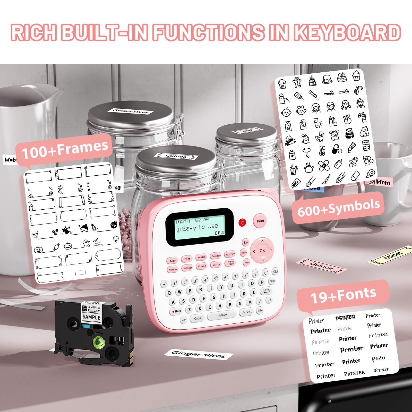 Étiqueteuse rose portable pour enfants, étiqueteuse de clavier QWERTY portable, étiqueteuse facile D210S avec plusieurs polices et code-barres pour la maison, le bureau, les petites entreprises