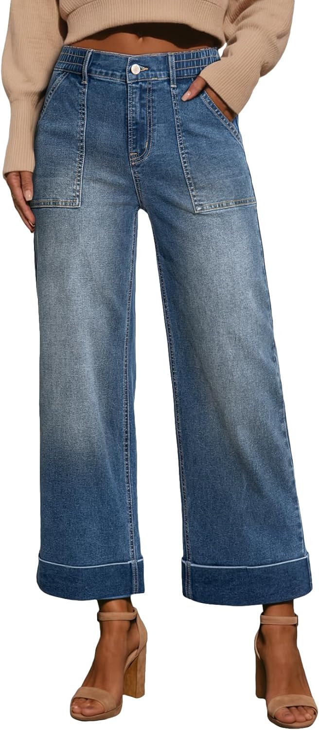 EVALESS Womens High Waist Wide Leg Jeans Trendy Cropped Denim Pants Solid Ankle Length Stretchy Jeans with Pockets