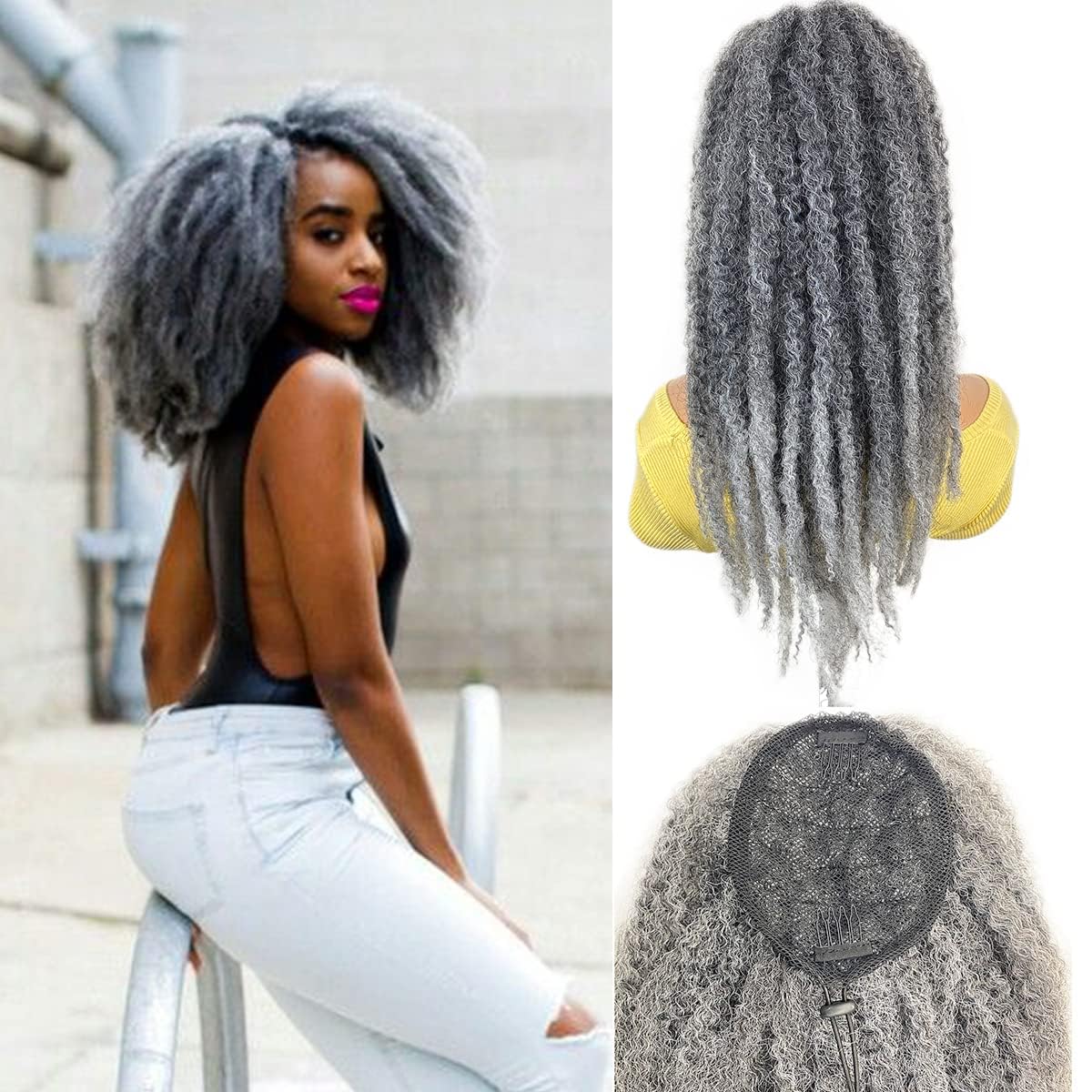 VAVANGA 18" Ombre Gray Marley Hair Drawstring Ponytail | Afro Kinky Synthetic Braiding Hair for Black Women | Twist Braid Ponytail Extension (T1B/GRAY
