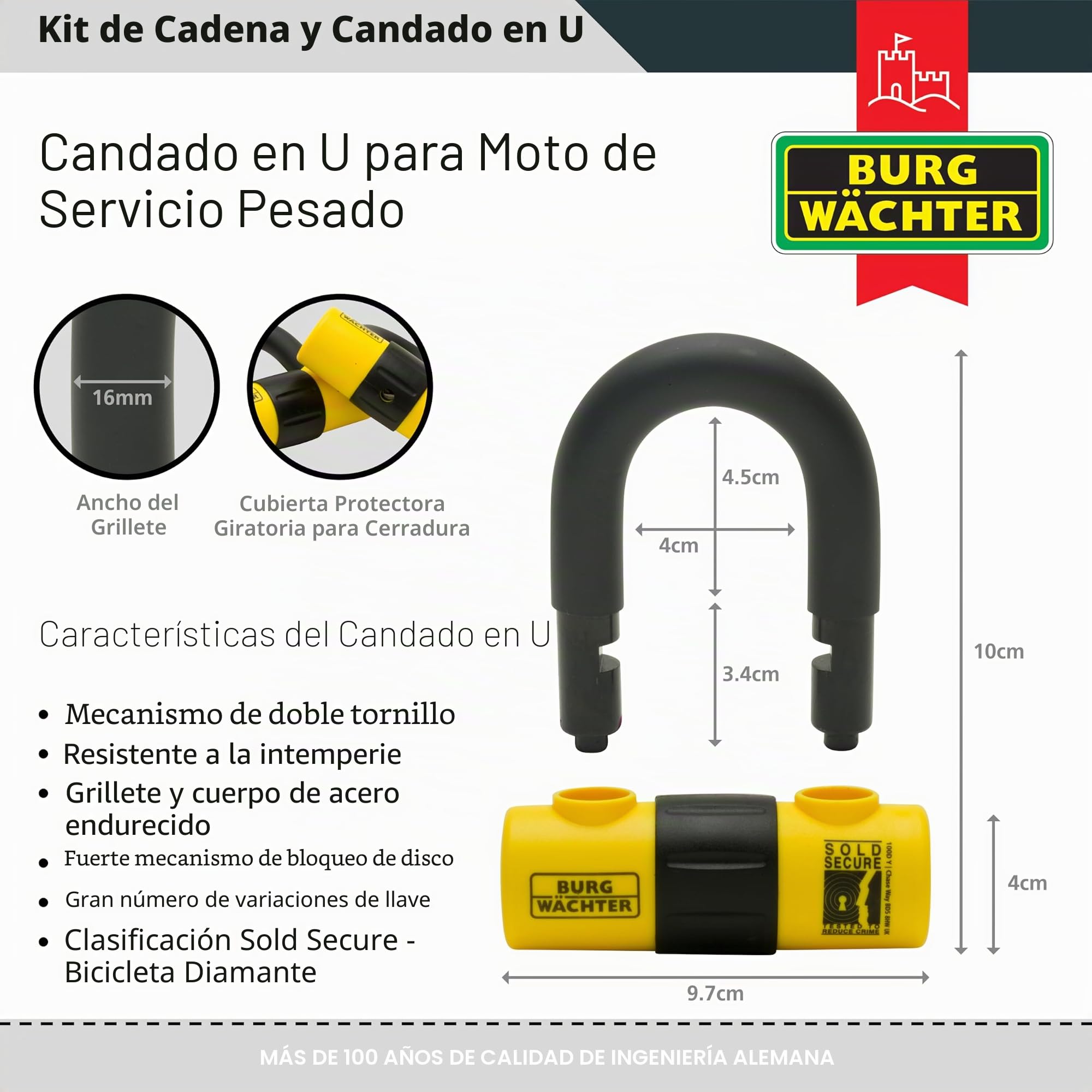 Burg-Wachter - Cadena de seguridad para motocicleta, 2 m, 12 mm, color negro
