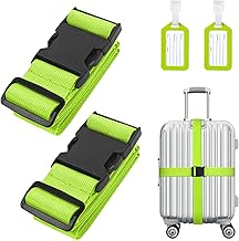 Flintronic Cinghia per Valigia, 2 Pezzi Cinghie per Bagagli, Regolabile Cinghie Bagagli con 2 Viaggio Bagagli Tag Cinghie da Viaggio con Fibbia Chiusura Identificare la Valigia(180+8cm)